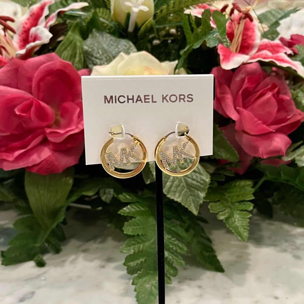 Michael Kors Crystal Pave Logo Hoop Drop Earrings.